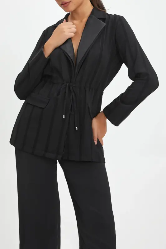Striped Pocket Flap Detail Drawstring Waist Black Jacket 40282 - 2