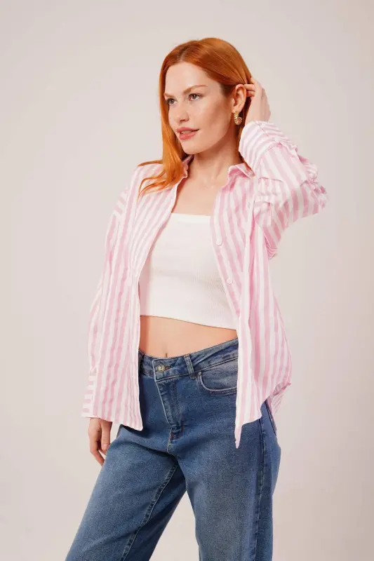 Striped Relaxed Fit Pink Shirt - BÜYÜKBEDENIZ