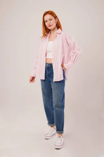 Striped Relaxed Fit Pink Shirt - BÜYÜKBEDENIZ (1)