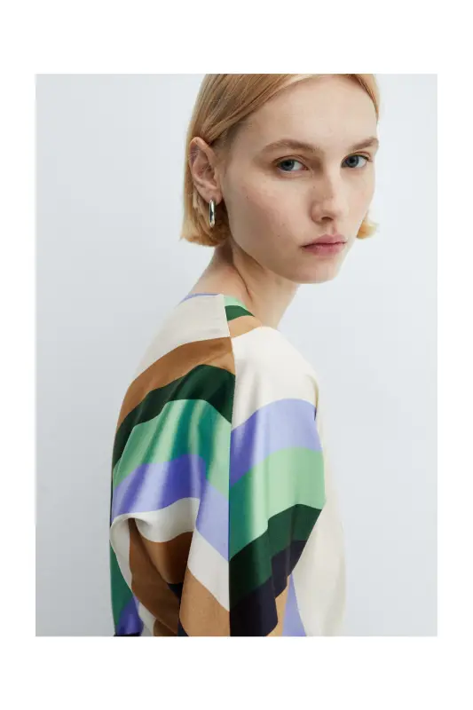 Striped satin dress-Ecru - 3