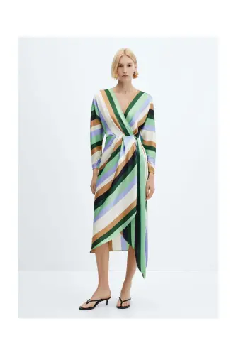 Striped satin dress-Ecru - 7