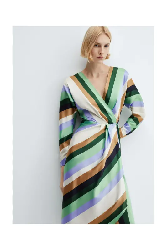 Striped satin dress-Ecru - 8