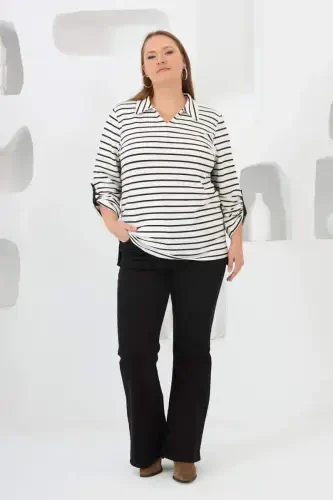 Striped Shirt Collar Plus Size Sweat White - 5