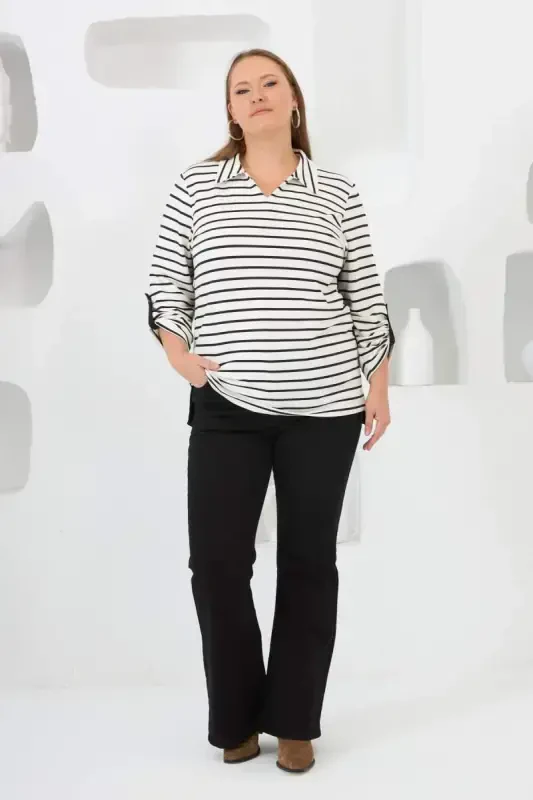 Striped Shirt Collar Plus Size Sweat White - 5