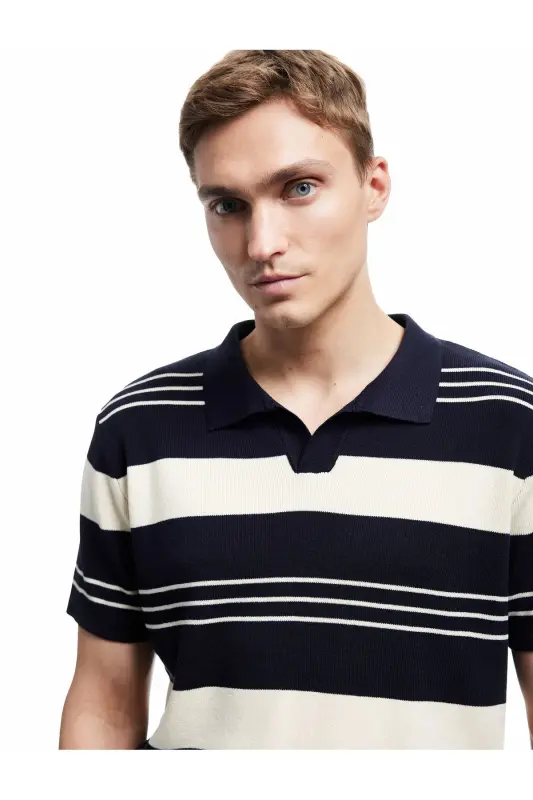 Striped Short Sleeve Regular Fit Polo Neck Knitwear T-Shirt - 1