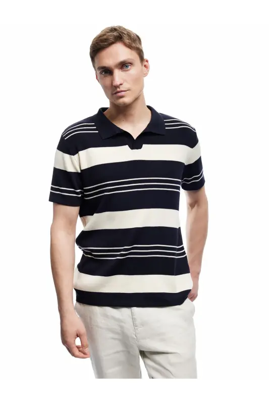 Striped Short Sleeve Regular Fit Polo Neck Knitwear T-Shirt - 2