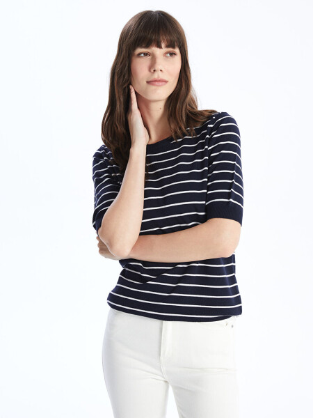 Striped Short Sleeve Women's Knit Sweater with a Polo Collar - 8