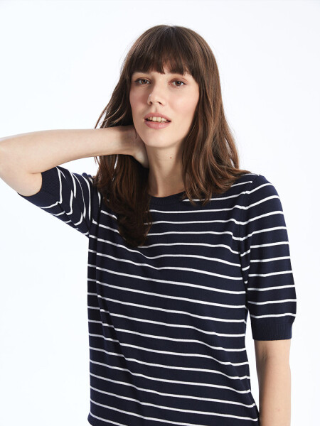 Striped Short Sleeve Women's Knit Sweater with a Polo Collar - 9