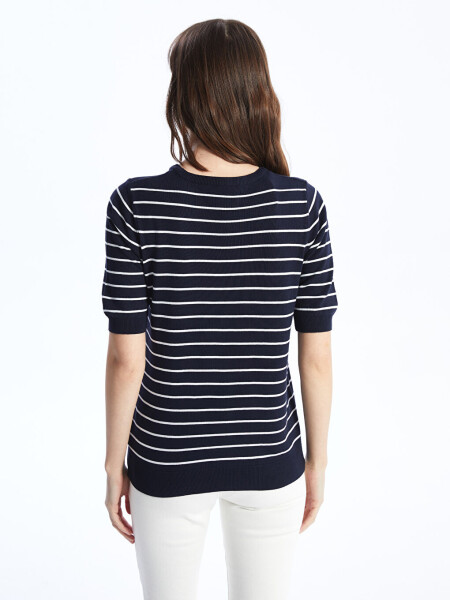 Striped Short Sleeve Women's Knit Sweater with a Polo Collar - 12