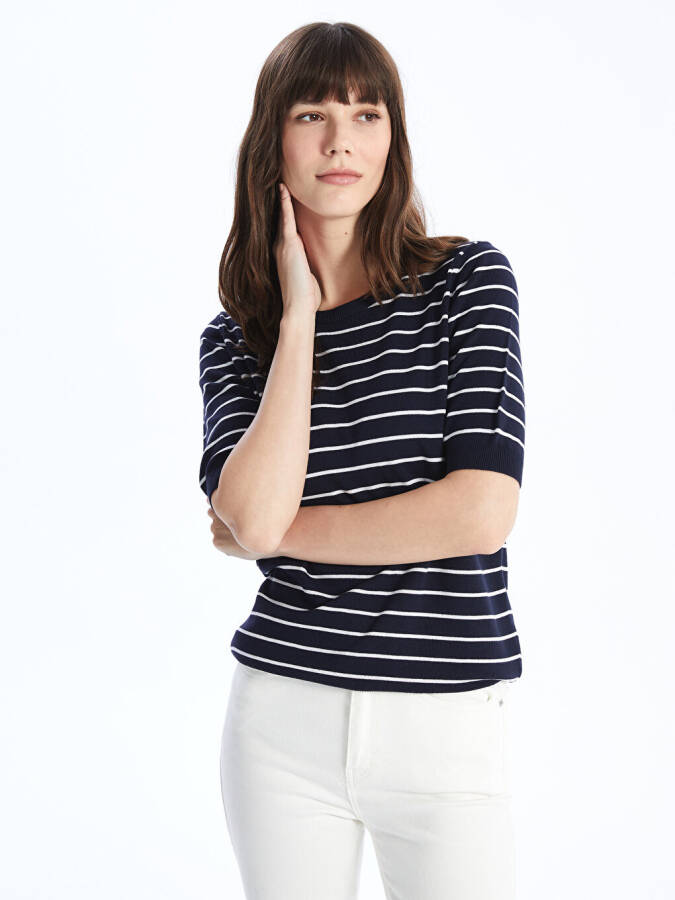 Striped Short Sleeve Women's Knit Sweater with a Polo Collar - 15