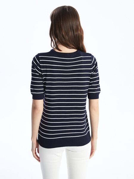 Striped Short Sleeve Women's Knit Sweater with a Polo Collar - 19