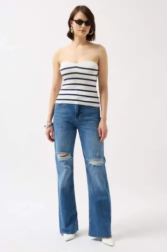 Striped Strapless Textured Blouse - BÜYÜKBEDENIZ (1)