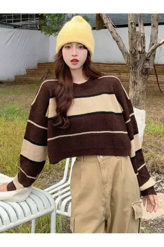 Striped Thessaloniki Knit Crop Women's Sweater-coffee - DIER MODA