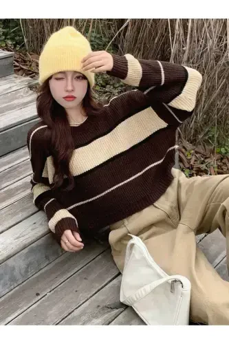 Striped Thessaloniki Knit Crop Women's Sweater-coffee - DIER MODA (1)