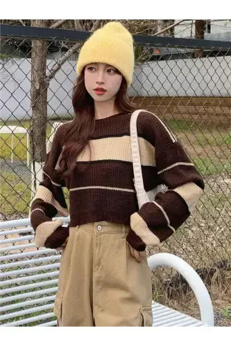 Striped Thessaloniki Knit Crop Women's Sweater-coffee - 3