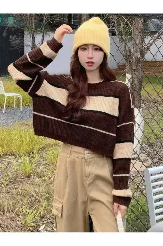 Striped Thessaloniki Knit Crop Women's Sweater-coffee - 4