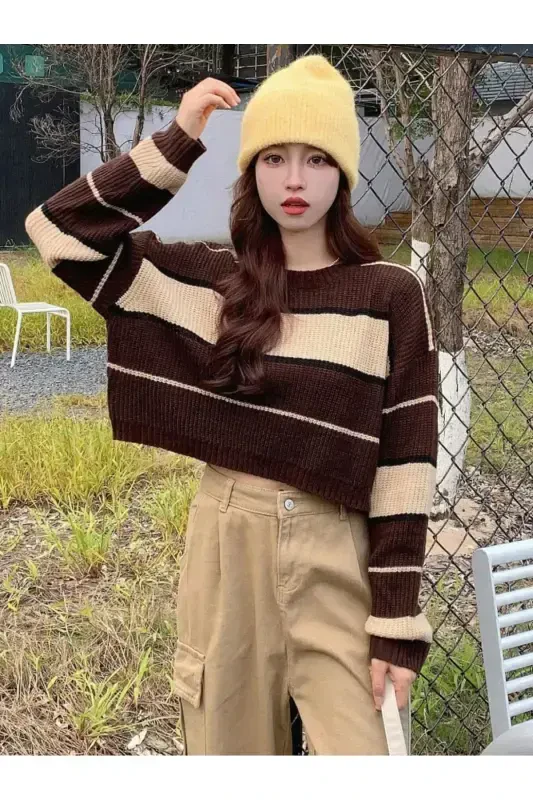 Striped Thessaloniki Knit Crop Women's Sweater-coffee - 4