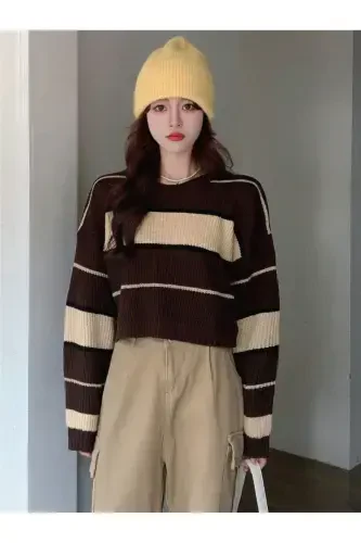 Striped Thessaloniki Knit Crop Women's Sweater-coffee - 5