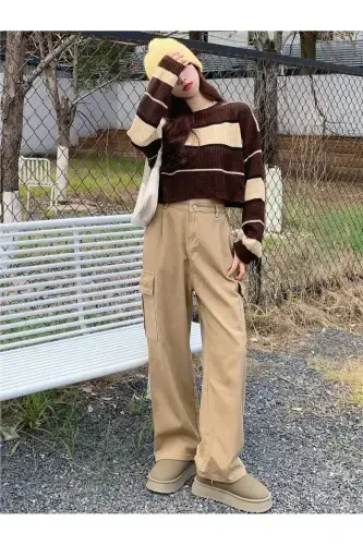 Striped Thessaloniki Knit Crop Women's Sweater-coffee - 7