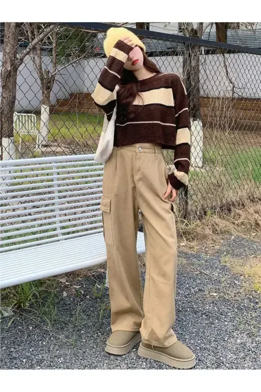 Striped Thessaloniki Knit Crop Women's Sweater-coffee - 7