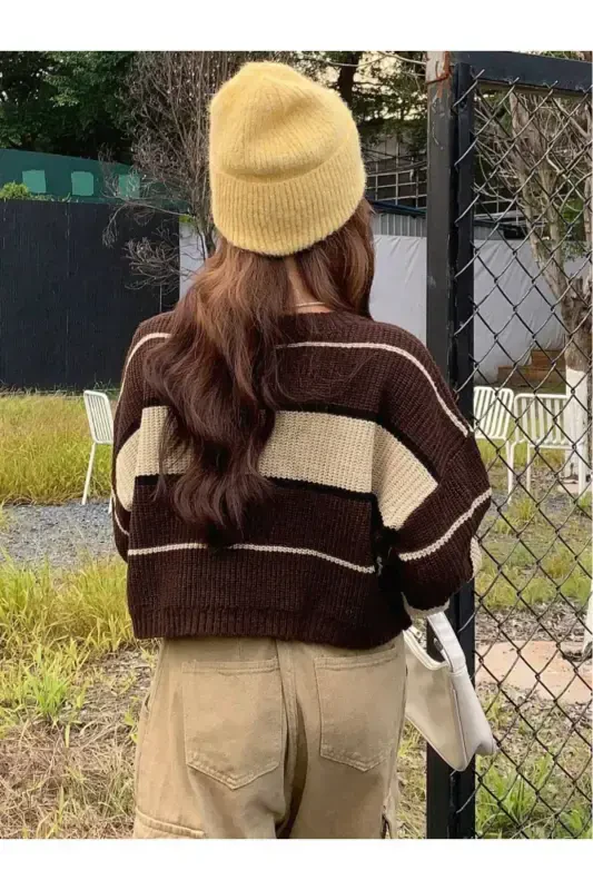 Striped Thessaloniki Knit Crop Women's Sweater-coffee - 8