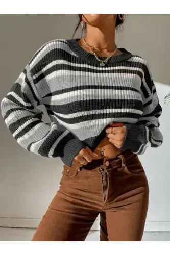 Striped Thessaloniki Knit Oversize Crop Women's Sweater-Anthracite - 7