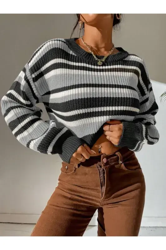 Striped Thessaloniki Knit Oversize Crop Women's Sweater-Anthracite - 7