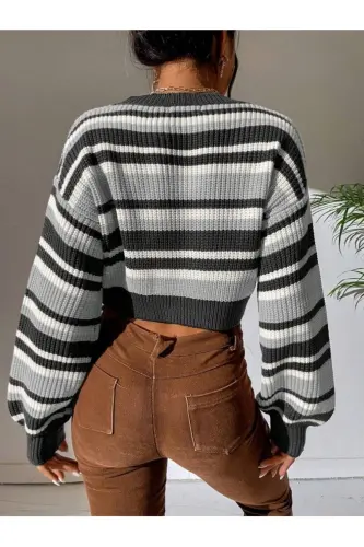Striped Thessaloniki Knit Oversize Crop Women's Sweater-Anthracite - 2