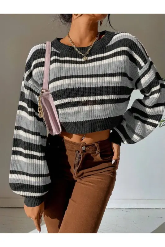 Striped Thessaloniki Knit Oversize Crop Women's Sweater-Anthracite - 3