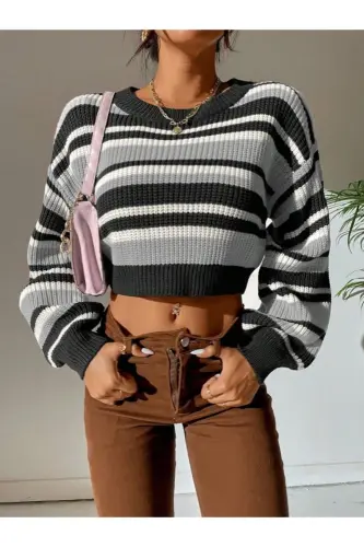 Striped Thessaloniki Knit Oversize Crop Women's Sweater-Anthracite - 4