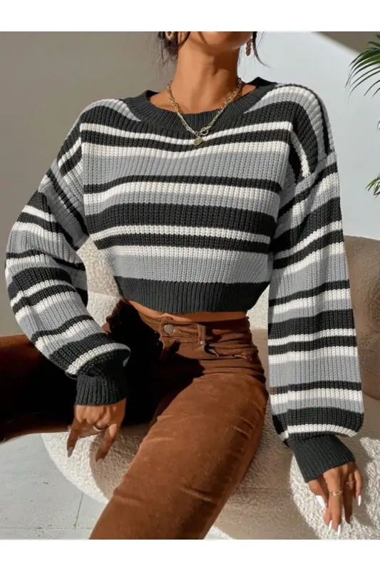 Striped Thessaloniki Knit Oversize Crop Women's Sweater-Anthracite - 5