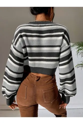 Striped Thessaloniki Knit Oversize Crop Women's Sweater-Anthracite - 8