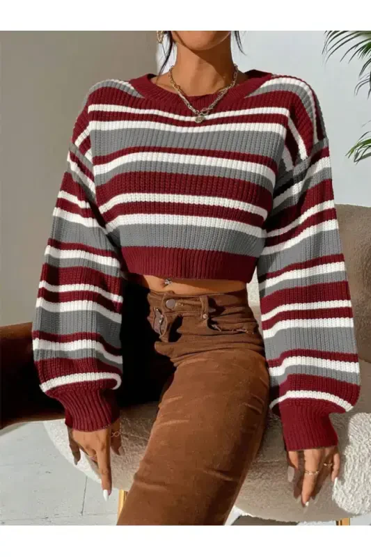 Striped Thessaloniki Knit Oversize Crop Women's Sweater-Burgundy - DIER MODA