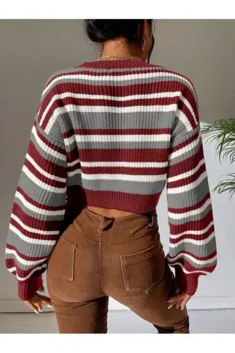 Striped Thessaloniki Knit Oversize Crop Women's Sweater-Burgundy - 2