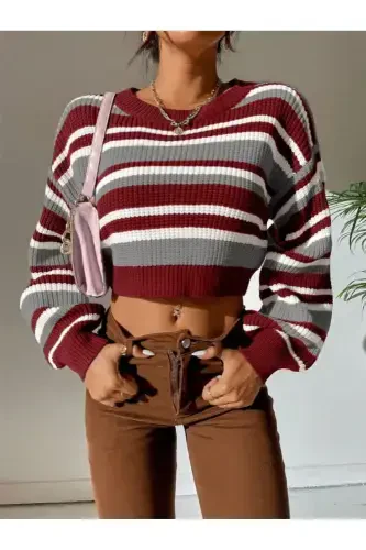 Striped Thessaloniki Knit Oversize Crop Women's Sweater-Burgundy - 4