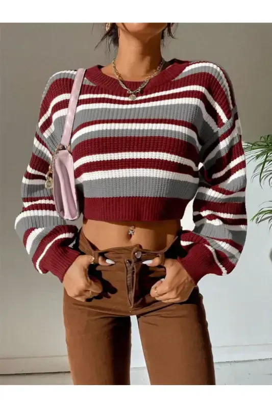 Striped Thessaloniki Knit Oversize Crop Women's Sweater-Burgundy - 4