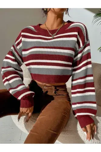 Striped Thessaloniki Knit Oversize Crop Women's Sweater-Burgundy - 5