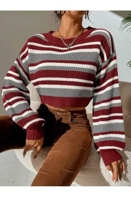 Striped Thessaloniki Knit Oversize Crop Women's Sweater-Burgundy - 5