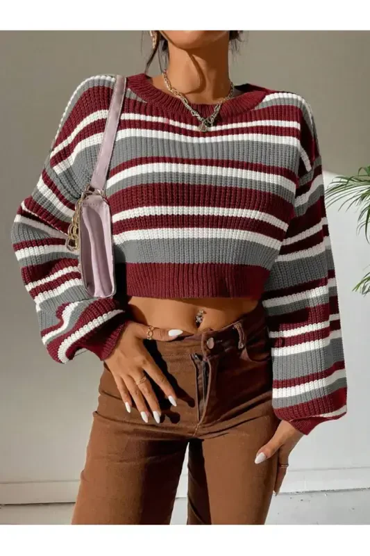 Striped Thessaloniki Knit Oversize Crop Women's Sweater-Burgundy - 7