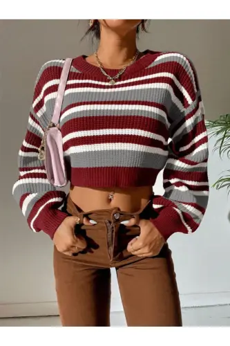 Striped Thessaloniki Knit Oversize Crop Women's Sweater-Burgundy - 4
