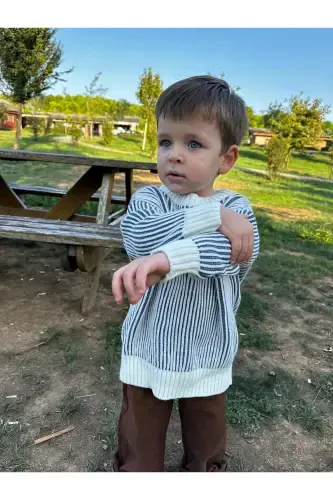 Striped Thessaloniki Knit Oversize Kids Knitwear Sweater (it is a wide cut, please choose your true size) - INDIGO - 8