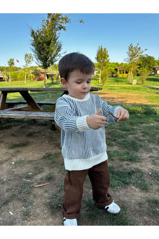 Striped Thessaloniki Knit Oversize Kids Knitwear Sweater (it is a wide cut, please choose your true size) - INDIGO - EYC BABY