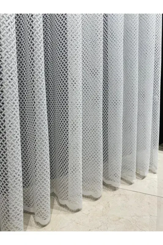 Striped Tulle Curtain Embroidered Patterned - Crown Suitable for Every Room (Medium Pleated) - Off White - 3