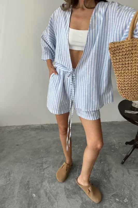 STRIPED TUNIC - SHORTS SUIT - Blue - 2