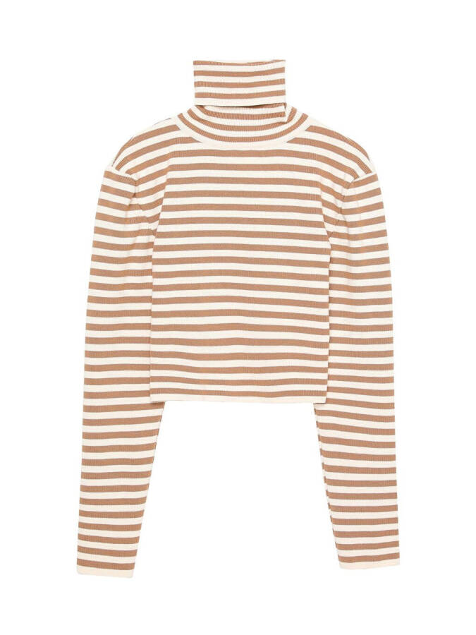 Striped Turtleneck Knit Sweater Ecru-Beige - 1