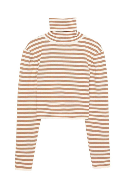 Striped Turtleneck Knit Sweater Ecru-Beige - 4