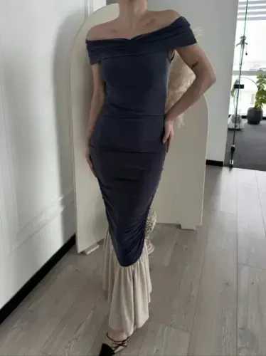 Striptiz Omuzlu Uzun Elbise- Füme - 4