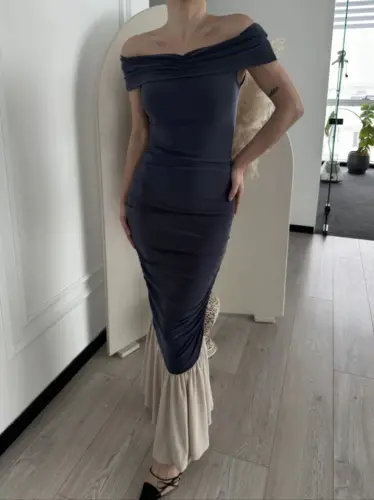 Striptiz Omuzlu Uzun Elbise- Füme - 4