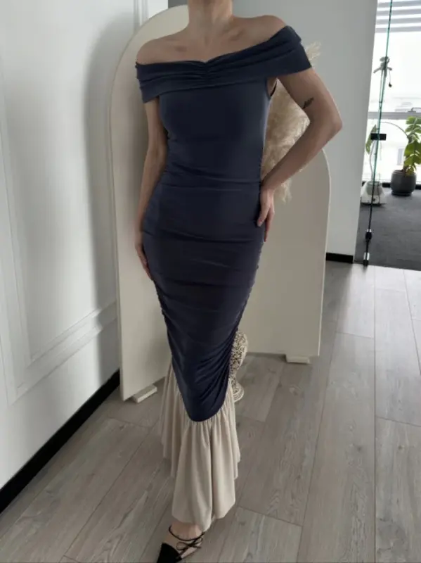 Striptiz Omuzlu Uzun Elbise- Füme - 4