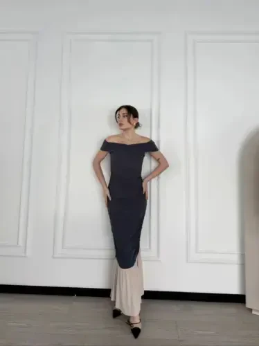 Striptiz yelkali uzun ko'ylak - Tutun rang - 1